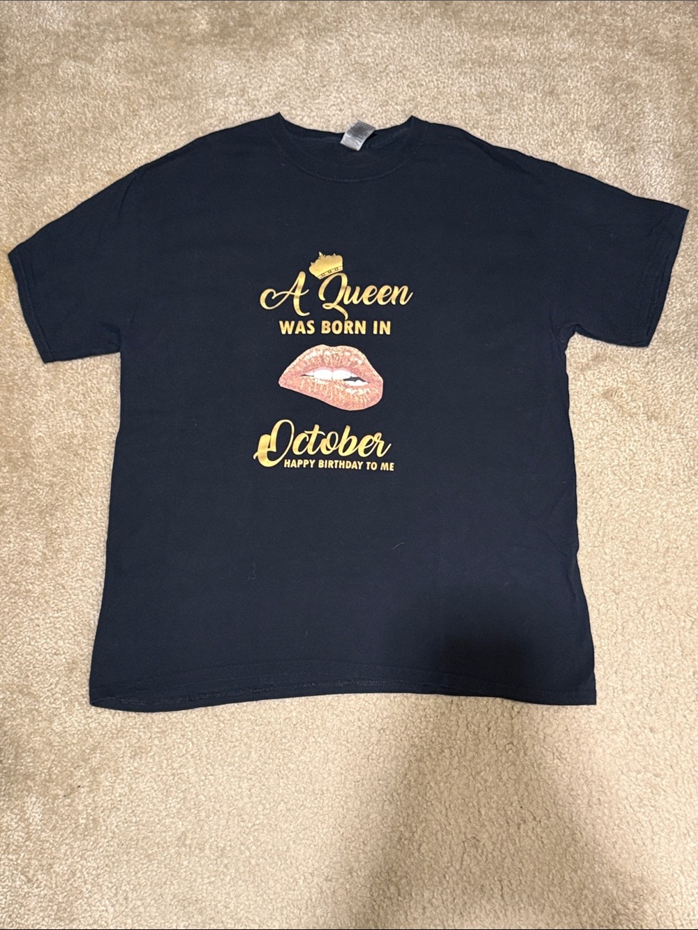 Gildan Black Short-Sleeve Tee with Gold Script and Pink Lip Graphic